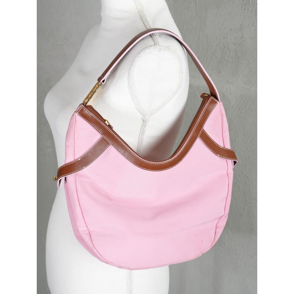 Lauren Ralph Lauren Hobo Bag Women Medium Pink Brown Leather Trim Nylon